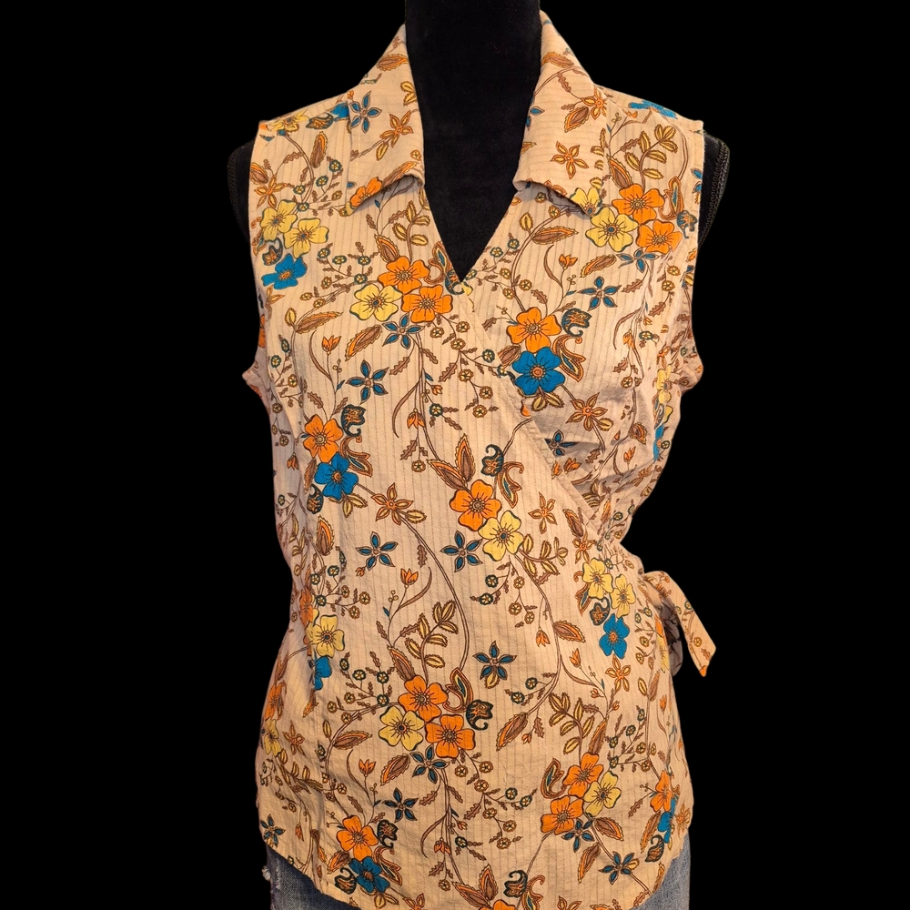 98. Valerie Stevens Floral Button Down Shirt - Orange and Blue - Vintage